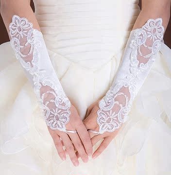 新娘手套 无指缎面绣花缝珠手套 蕾丝手套 白色婚纱手套
