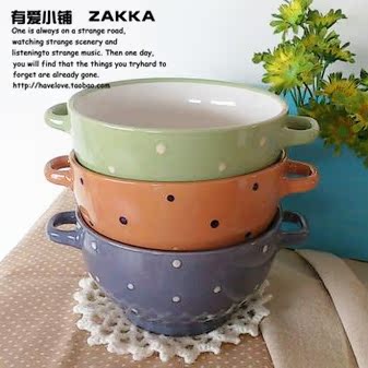 有爱zakka杂货 波点双耳陶瓷创意餐具 饭碗汤碗 10色