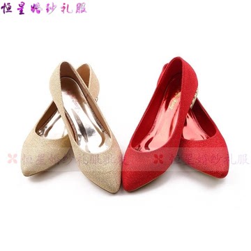 韩款大码红色尖头结婚鞋 新娘孕妇平跟平底单鞋 软底舒适女鞋子