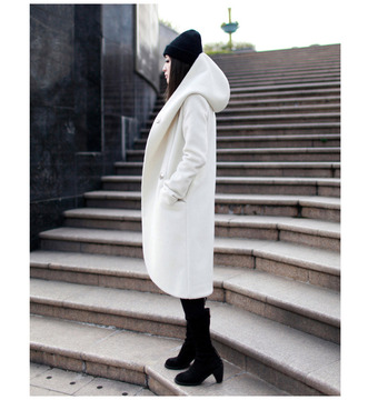 欧美夹棉加厚白色羊绒大衣2015秋冬新款女装连帽超长款羊毛呢外套