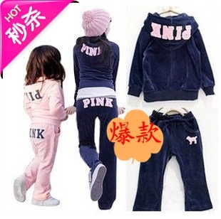 2014春秋韩版母女母子亲子装天鹅绒PINK运动套装 休闲儿童套装