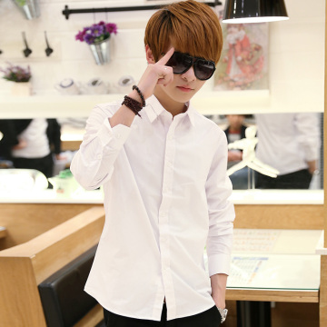 2016秋季男士纯棉薄款衬衫韩版修身长袖白色衬衣纯色休闲学生衬衣