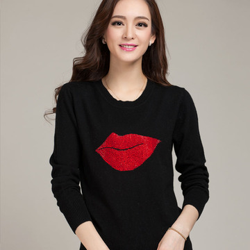 韩版正品简约2014春装新款 女低圆领红唇羊绒衫 宽松毛衣外套
