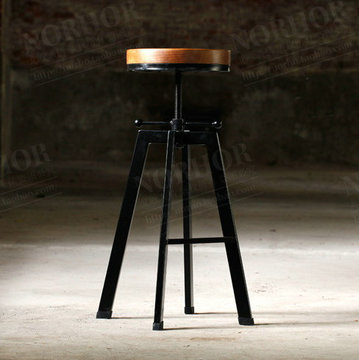 美式乡村风格复古防锈做旧铁艺吧台椅 旋转升降吧椅 实木酒吧椅子