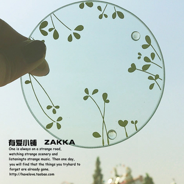 【有爱小铺】 zakka杂货 家居 清新小绿叶 玻璃隔热杯垫(一对)