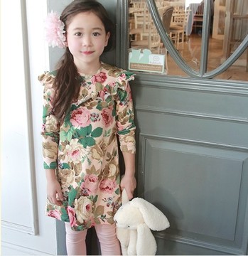 韩国童装女童 2015春秋季新款气质公主浪漫花卉长袖连衣裙公主裙