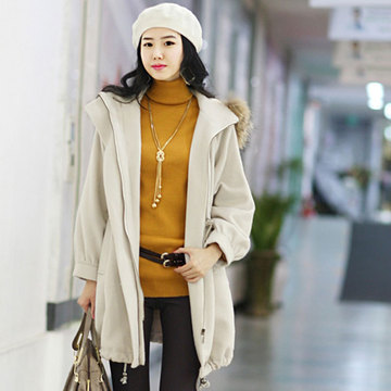 韩版2014新款春装修身系带连帽毛呢大码女装外套宽松大衣6721