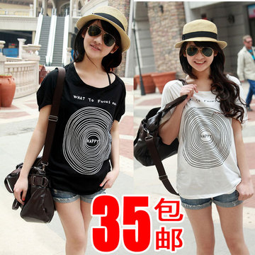 2014韩版新款大码圆圈图案圆领款蝙蝠袖宽松短袖t恤女款上衣