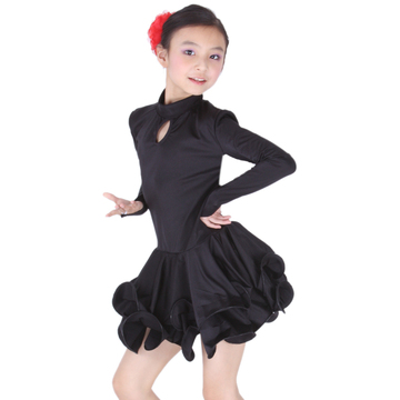少儿拉丁舞服装 长袖高领鱼线卷边儿童拉丁舞裙 规定服装FY027