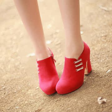 2014年秋冬季新款女靴 红色婚鞋及踝靴水钻高跟防水台裸靴鞋粗跟
