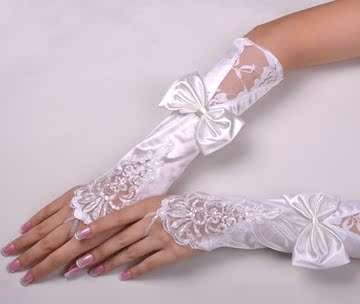 新娘长手套蝴蝶结无指缎面绣花缝珠手套蕾丝手套 白色婚纱手套
