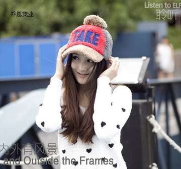 包邮韩国冬季毛绒加厚大球TAKE棒球帽韩版女可爱鸭舌帽子保暖