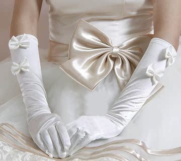 新娘伴娘结婚手套 手指弹力缎面蝴蝶结长手套 白色婚纱手套