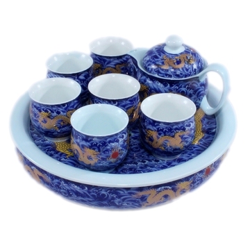 景德镇陶瓷 蓝金龙 陶瓷茶具大号套装双层隔热杯带托盘 礼品