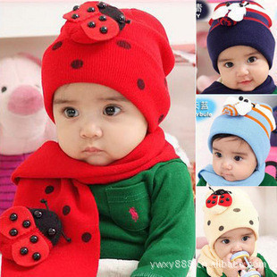 儿童甲壳虫套帽 瓢虫帽 宝宝儿童毛线帽子+围巾冬季保暖