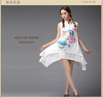 2014民族风夏装女手绘荷花图案中国风水墨无袖小背心不规则连衣裙
