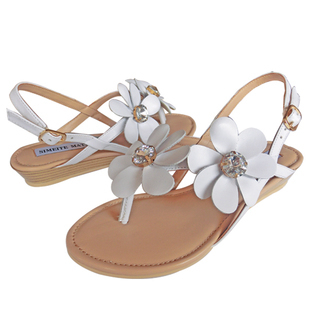 2014夏红白色花朵水钻欧美凉鞋女坡跟凉鞋夹趾牛筋底平跟真皮女鞋
