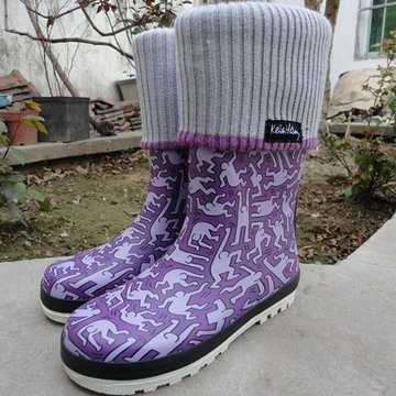 运动家图案迷彩印花紫色 灰毛线口款雨鞋雨靴女士时尚水鞋