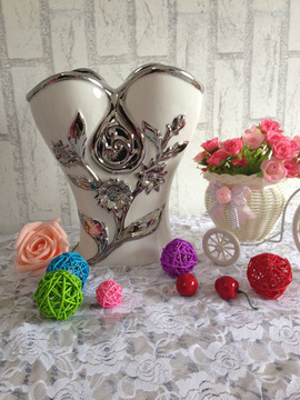 花叶面双口陶瓷花瓶 纯手工 电视柜摆件 现代时尚 简约陶瓷花瓶