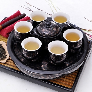 景德镇陶瓷黑色藤 白金藤陶瓷茶具大号套装双层隔热杯带托盘