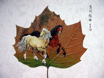 传统工艺特色礼品/纯手绘树叶画-001/马