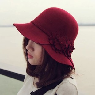 韩版羊毛呢帽子 秋冬季花朵盆帽 女士圆顶酒红色毛毡帽冬帽小礼帽