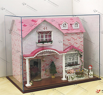 DIY小屋 大型手工木质拼装模型房子 粉色甜心用防尘罩(带底座）