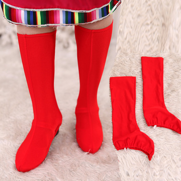 女式红色弹力加长筒民族舞蹈靴套藏族舞蒙古舞鞋套舞台演出专用袜