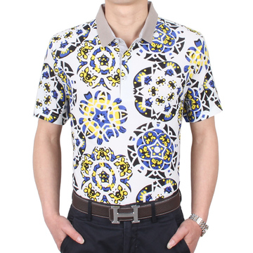 2015夏季男装新款男士韩版时尚休闲圆圈印花衬衫领短袖T恤