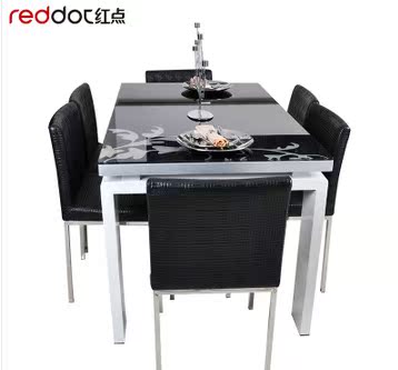 红点正品简约现代黑白色实木质钢琴烤漆钢化玻璃9009餐桌餐台餐椅
