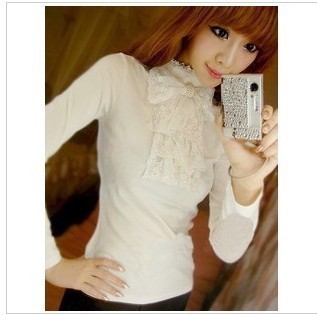 2015春装韩版复古宫廷风蕾丝花边立领打底衬衫女长袖修身白衬衣女