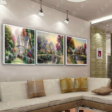 美式客厅装饰画欧式油画沙发背景墙画有框画三联风景画复古卧室画