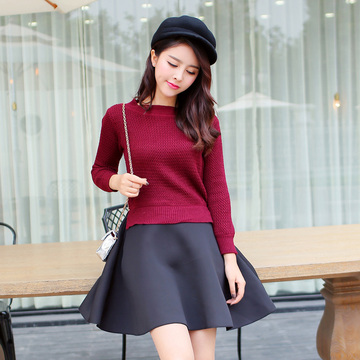 2014年最新韩版秋冬款流行修身长袖针织毛衣假两件连衣裙 女