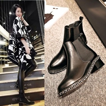 2016韩版新款左岸潇同款链条粗跟圆头短靴复古中跟切尔西靴及裸靴