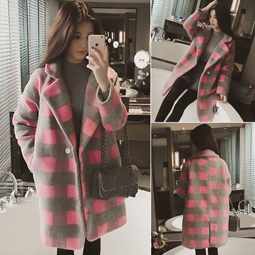 2015年冬韩版新款中长款修身显瘦毛呢外套大衣加厚女装西装领格子