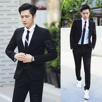 秋季韩国男士袖子三杠西装外套男韩版修身西服男装上衣潮休闲黑色
