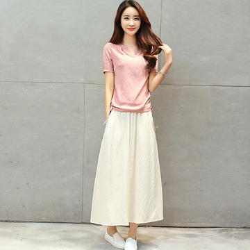 棉麻短袖t恤套装女时尚两件套2016韩国文艺范夏季显瘦半身长裙