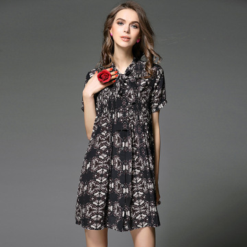 2016夏装新款欧美女装优雅印花系带领短袖A字型真丝连衣裙60588