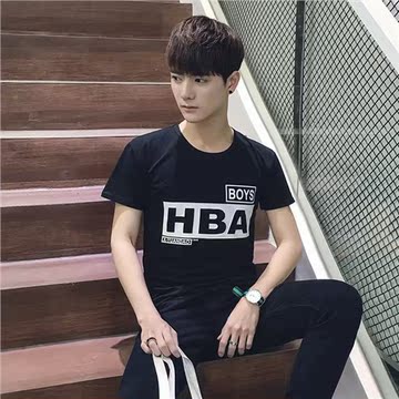 夏季韩版修身HBA字母印花短袖T恤潮男时尚休闲圆领大码半袖打底衫