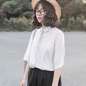 2016韩国东大门女装五分袖Polo衬衣文艺竖条纹翻领个性中袖衬衫女