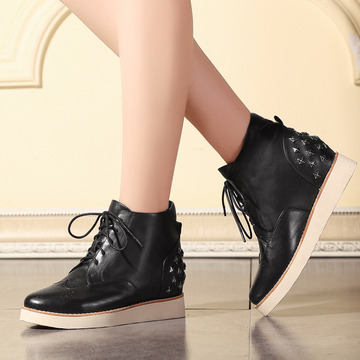 姜小美2015新款英伦风牛皮短靴女布洛克厚底松糕鞋真皮坡跟单鞋