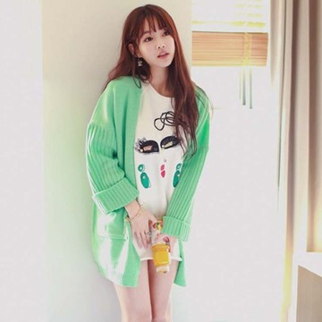 2016春季新款 韩版女装糖果色宽松大码开衫毛衣 中长款七分袖外套