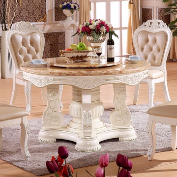 全实木雕花欧式圆桌餐台美式天然大理石餐桌饭桌餐厅别墅家具
