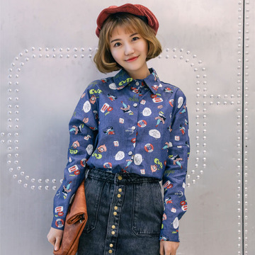 2016春季新款韩版时尚女装韩国东大门印花卡通衬衫大码衬衣女