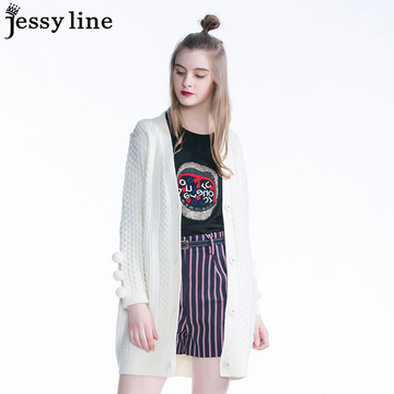 jessy line2016秋装新款 杰茜莱纯色百搭中长款针织开衫 女士毛衣