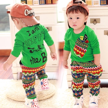 男童春秋套装 0-4岁小童绿色民族风长袖体恤长裤正品 宝宝两件套