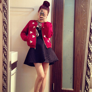 2015秋季新款韩版大码女太空棉刺绣棒球服开衫长袖短外套包邮