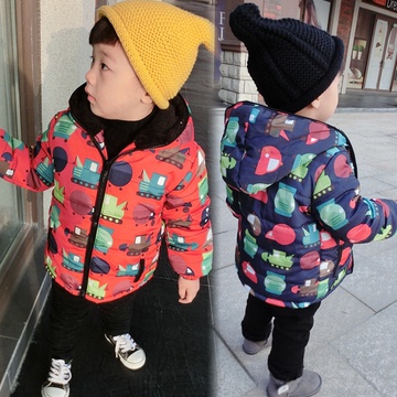 冬款男童装1-2-3-4岁宝宝加厚加绒外套卡通汽车韩版潮加厚棉服