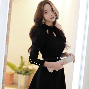 2015韩版新款修身显瘦性感小黑裙夜店女装潮长袖春装连衣裙