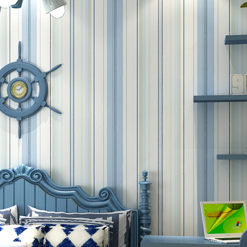 地中海风格壁纸 蓝色竖条纹 卧室客厅满铺 背景墙走道无纺布墙纸
